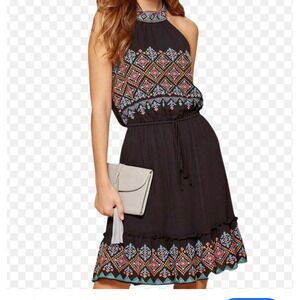 Savanna Jane Womens Black Embroidered Halter Mini Dress Boho Geometric Size M